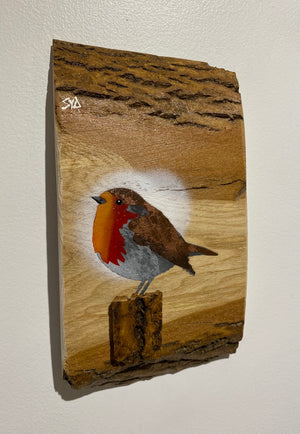 Robin 2025 on English Ash with beautiful barky edges and 3D stump - 13 x 25cm - New for Mother's Day