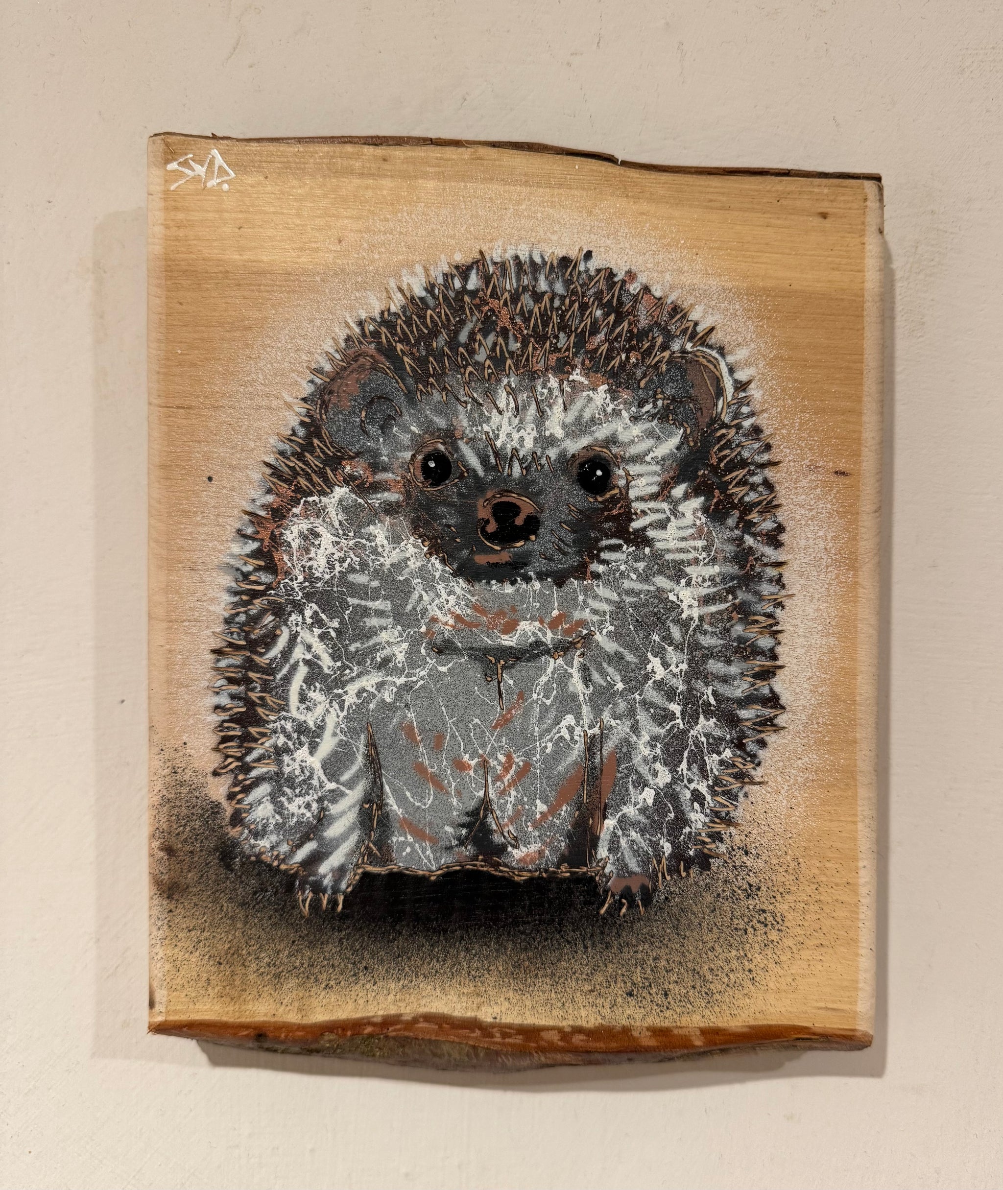 Hedgehog 'Ready to Roll' - Artwork for Christmas on Hazel wood - Number 33 - size 15 x 22cm