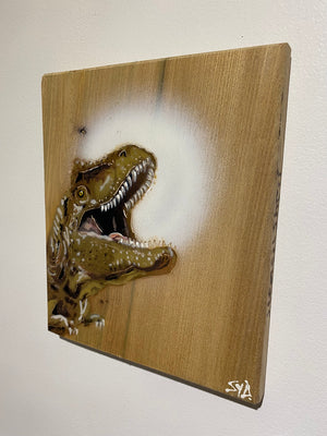 'Jurassic Party' Artwork on Elm wood - Number 26 - 18 x 21cm