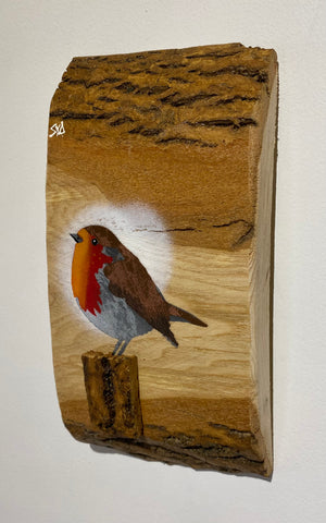 Robin 2025 on English Ash with beautiful barky edges and 3D stump - 13 x 25cm - New for Mother's Day