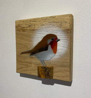 Robin 2024 on English Oak - 13 x 14cm - Handmade spray painted artwork