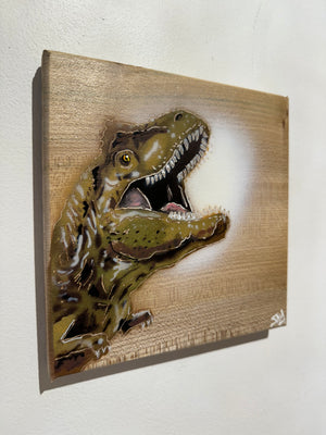'Jurassic Party' Artwork on Elm wood - Number 2 - 18 x 18cm