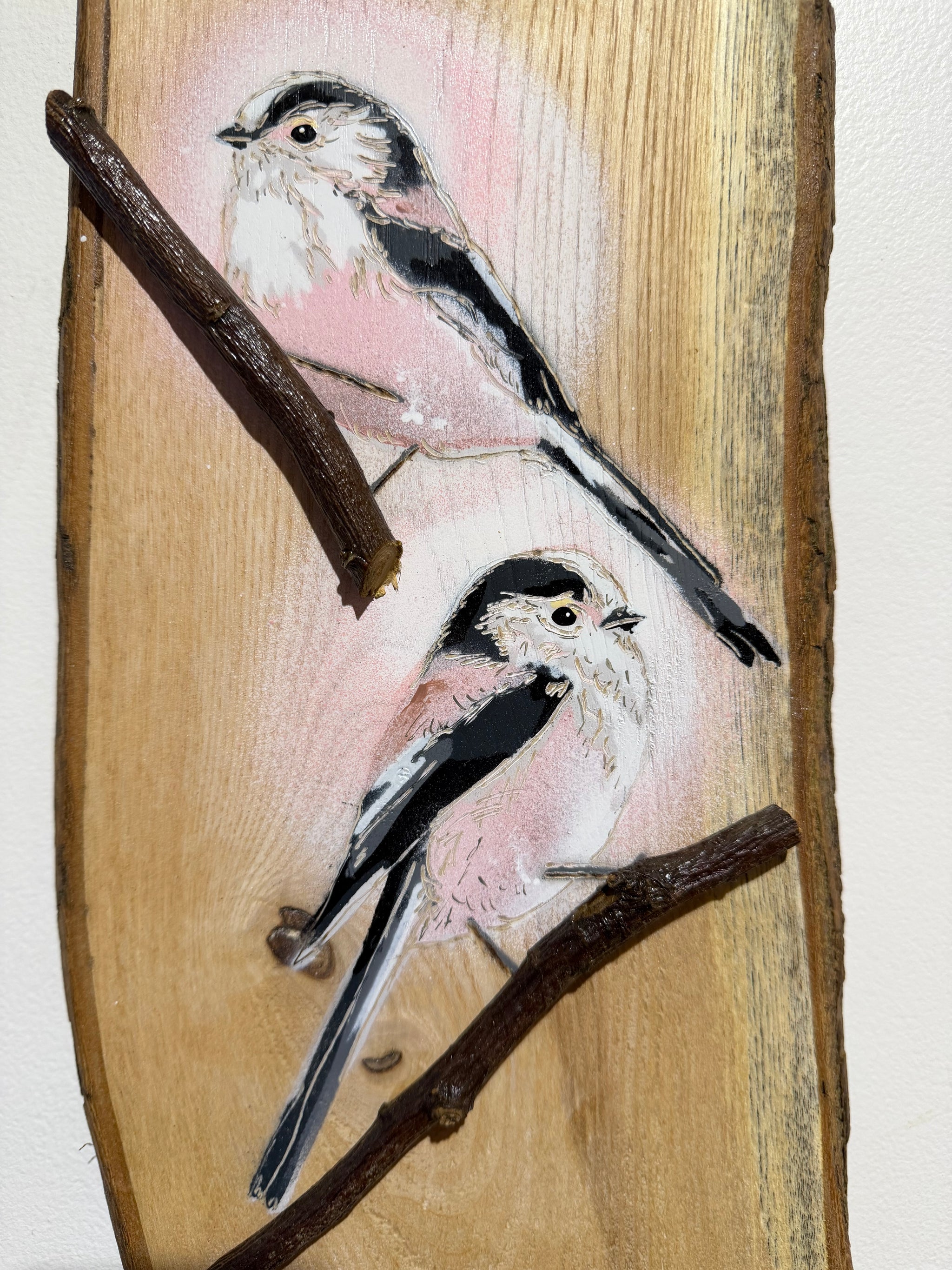 Long Tailed Tits 2026 - Number 2 - Ash Wood - 28 x 18cm - Handmade Stencil Art