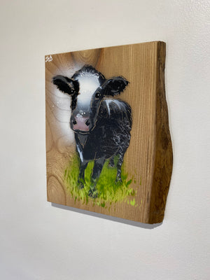 Worthies Cow created in 2022 - Signed limited edition spray painted art on Elm wood size 16 x 25cm - Number 60