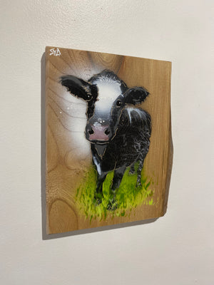 Worthies Cow created in 2022 - Signed limited edition spray painted art on Elm wood size 16 x 25cm - Number 60