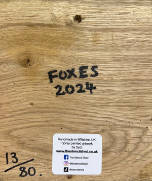 Foxes - New Artwork for 2024 on Oak wood - size 17 x 19cm - Limited Edition and Signed