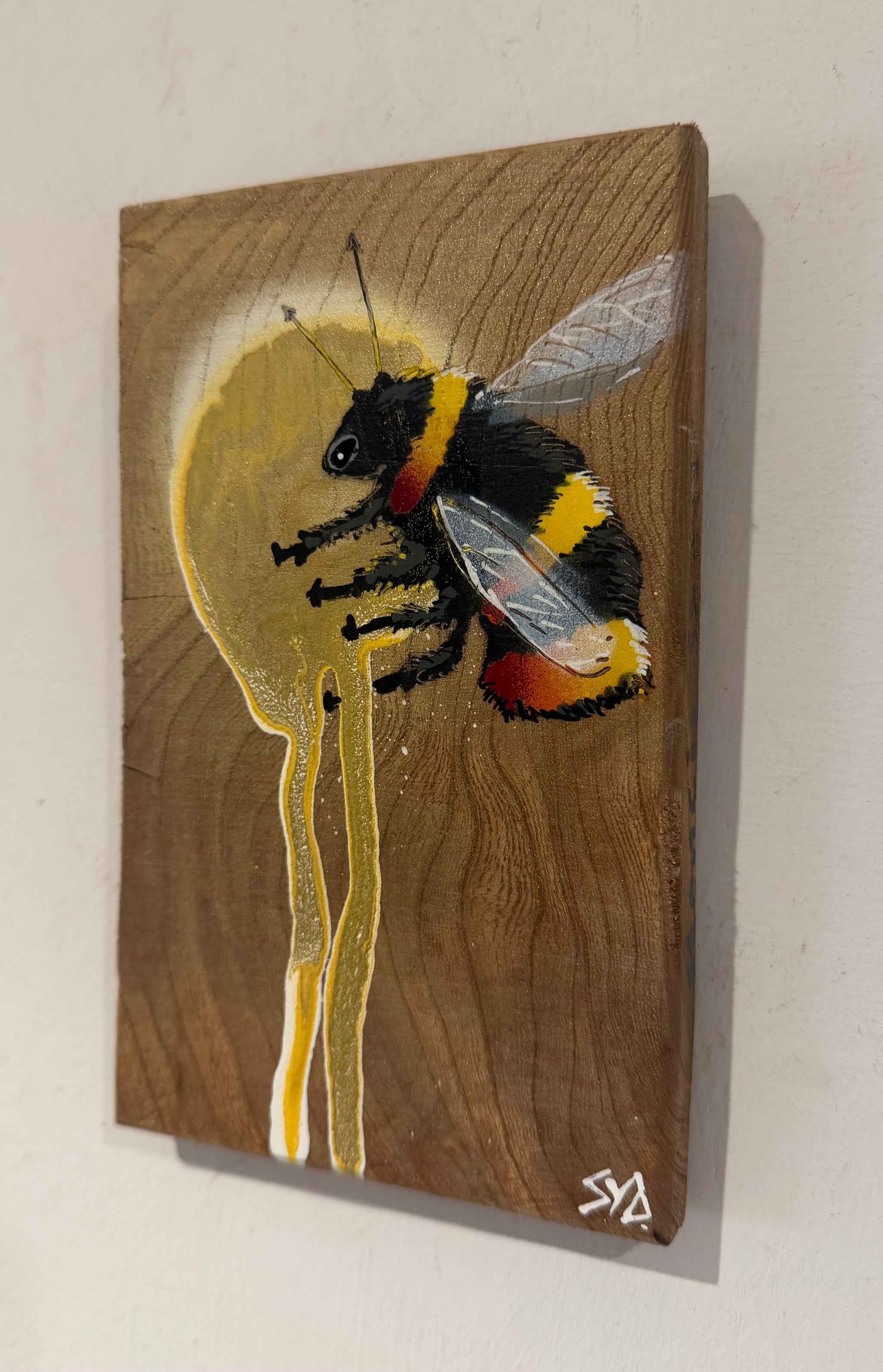 Bee 'Honey' yellow, cream and gold drip - 11 x 17cm - Individual Spray painted artwork on Elm wood