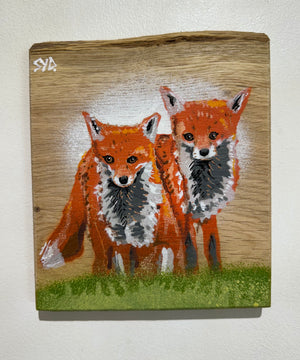 Foxes - New Artwork for 2024 on Oak wood - size 17 x 19cm - Limited Edition and Signed