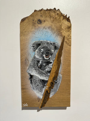 Koala ‘Cuddles’ 2025 - Number 2 in edition - 3D Stencil art on Ash Wood , Size 14 x 26 cm