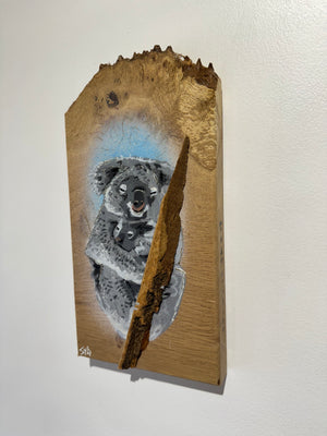 Koala ‘Cuddles’ 2025 - Number 2 in edition - 3D Stencil art on Ash Wood , Size 14 x 26 cm