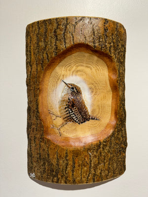 Log Art Wren 2025 - Ash Wood - 26 x 18cm