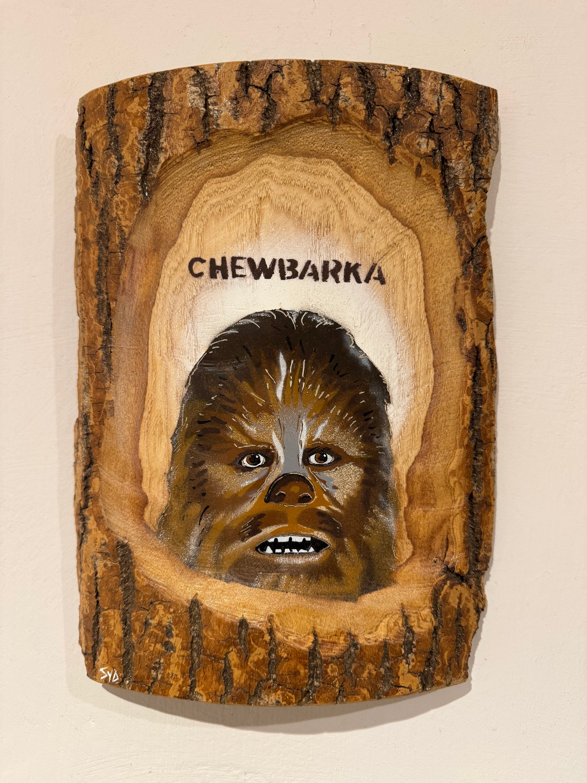 'Chewbarka' ‘no 1 in the edition’ - New for 2025 on barky ash wood - artwork size 27 x 20cm