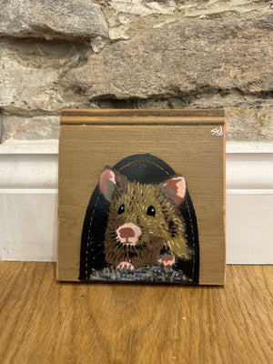 John Mouse Stencil Art on upcycled skirting board. New for 2024 artwork size 14 x 15cm