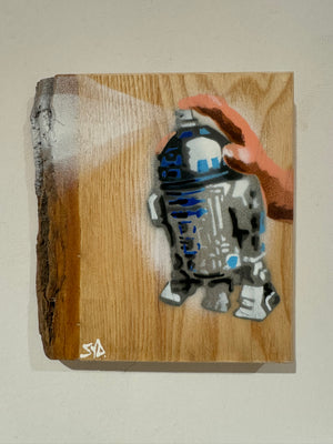 R2 Spray Can artwork on barky ash wood - Most popular limited edition piece size 17 x 18cm