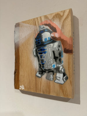 R2 Spray Can artwork on barky ash wood - Most popular limited edition piece size 17 x 18cm