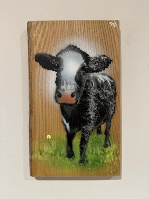 Worthies Cow created in 2022 - Signed limited edition spray painted art on Elm wood size 16 x 25cm - Number 49