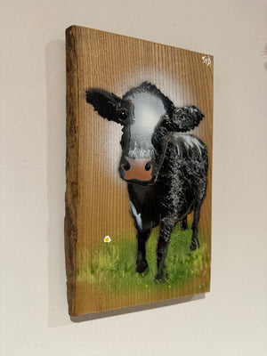 Worthies Cow created in 2022 - Signed limited edition spray painted art on Elm wood size 16 x 25cm - Number 49