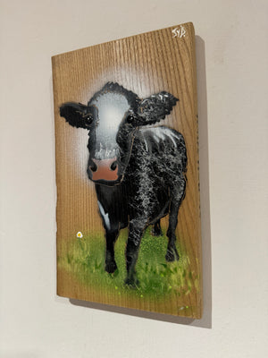 Worthies Cow created in 2022 - Signed limited edition spray painted art on Elm wood size 16 x 25cm - Number 49