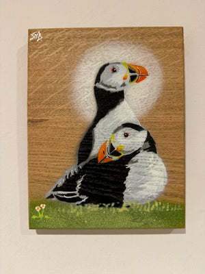 Pufflings For Life - Puffin artwork on Elm wood Signed Limited Edition - size 17x 20cm