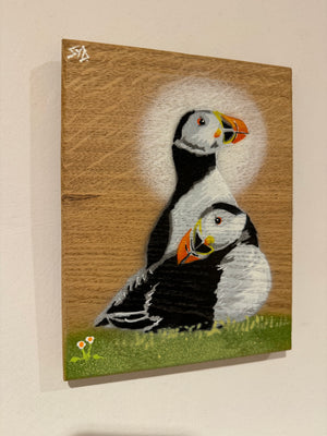 Pufflings For Life - Puffin artwork on Elm wood Signed Limited Edition - size 17x 20cm