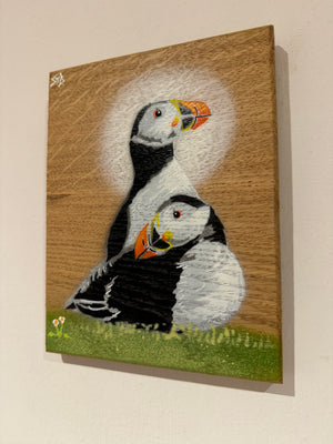 Pufflings For Life - Puffin artwork on Elm wood Signed Limited Edition - size 17x 20cm