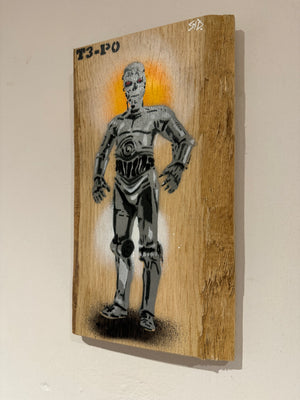 T3-P0 - Fun Stencil Mash Up - approx size 17 x 32cm on barky Ash wood