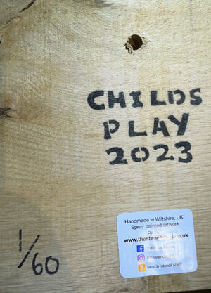 Childs Play 2023 - Number 1 - Sci Fi Stencil Art on Oak wood -  size 24 x 26cm