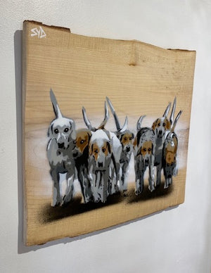 Hounds - Countryside pack of hounds - Dog Painting on Sycamore Maple Wood 44 x 40cm