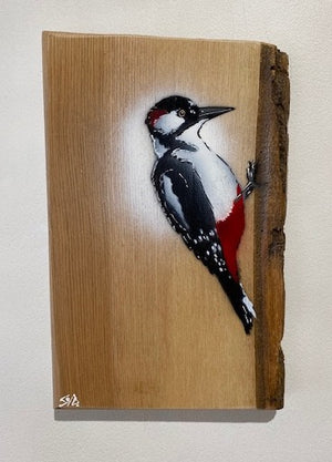 Woodpecker ‘Peckish’ 2022 on Barky Ash wood, sourced locally from Wiltshire.