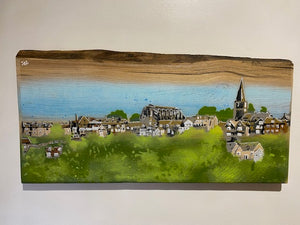 Malmesbury landscape from 2021 on Elm wood - unique artwork size approx 60 x 30cm