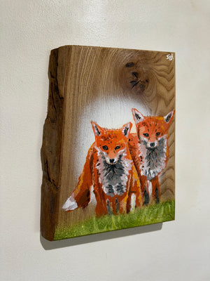Foxes 2024 Valentines Art Work - No. 1 on Elm wood - 18 x 23cm