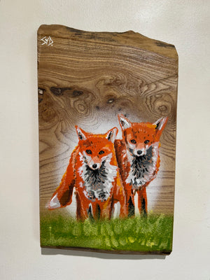 Foxes 2024 Valentines Art Work - No. 2 on Elm wood - 17 x 30cm