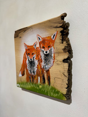 Foxes 2024 Valentines Art Work - No. 3 on light Elm wood - 20 x 19cm