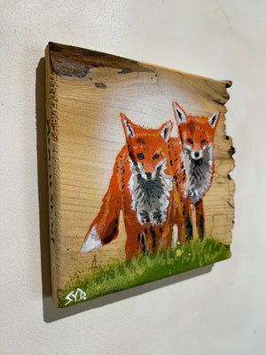 Foxes 2024 Valentines Art Work - No. 3 on light Elm wood - 20 x 19cm