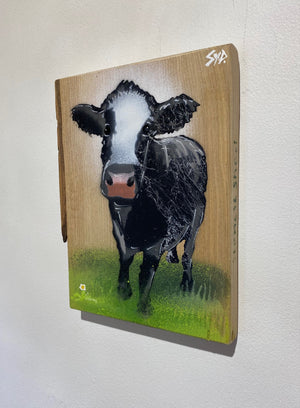 Worthies Cow created in 2022 - Signed limited edition art on Ash wood size 16 x 21cm