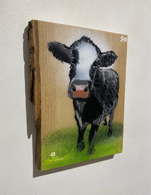 Worthies Cow created in 2022 - Signed limited edition art on Ash wood size 16 x 21cm