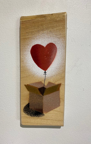 'Heart Balloon in a box' artwork on Sycamore wood from the UK - approx size 8 x 19cm
