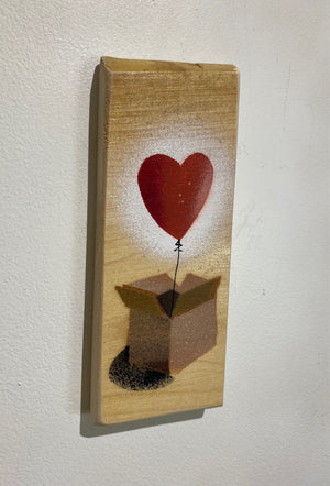 'Heart Balloon in a box' artwork on Sycamore wood from the UK - approx size 8 x 19cm