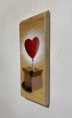 'Heart Balloon in a box' artwork on Sycamore wood from the UK - approx size 8 x 19cm