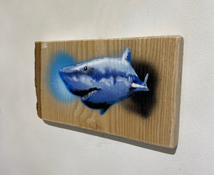 Shark from ‘Burnham’ on Ash wood with barky edge - Signed and Limited edition from South West spray painted street artwork