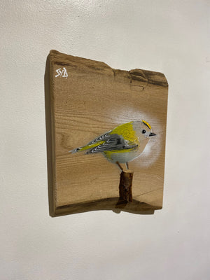 Goldcrest on Elm signed limited edition wooden artwork size 21 x 27 cm created in 2021