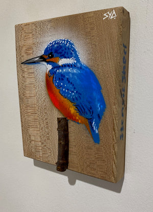 'Kingfisher 2023' on Elm wood - New Limited Edition Signed artwork size 14 x 16cm - No. 4