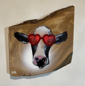 Glastonbury Cow with Elton John Glasses on Elm Wood - 22 x 20cm No. 100 in edition