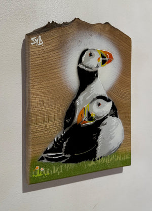 Pufflings For Life - on Elm Wood - Signed Limited Edition Artwork size 15 x 20cm