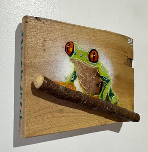 Tree Frog new artwork for 2025 on Elm - Number 29 - 13 x 18cm with unique notch and 3D branch