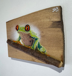 Tree Frog new artwork for 2025 on Elm - Number 29 - 13 x 18cm with unique notch and 3D branch