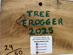 Tree Frog new artwork for 2025 on Elm - Number 29 - 13 x 18cm with unique notch and 3D branch