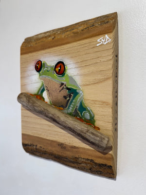 Tree Frog new Artwork for 2025 on barky Ash wood - Number 51 of signed Limited Edition - 15 x 20cm