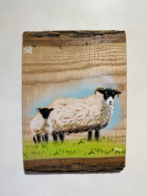 Sheep Stencil Artwork on Barky Ash wood - Limited Edition, signed art - size 17 x 26cm - No. 2 from edition of 25