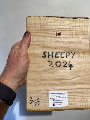 Sheep Stencil Artwork on Barky Ash wood - Limited Edition, signed art - size 17 x 26cm - No. 2 from edition of 25